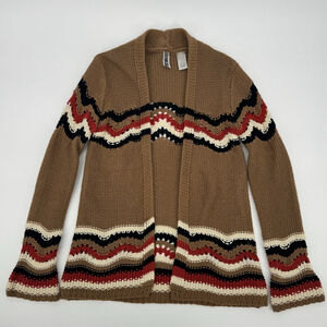 BKE Crochet Ripple Striped Open Cardigan Sweater S Tan Brown Orange Beige